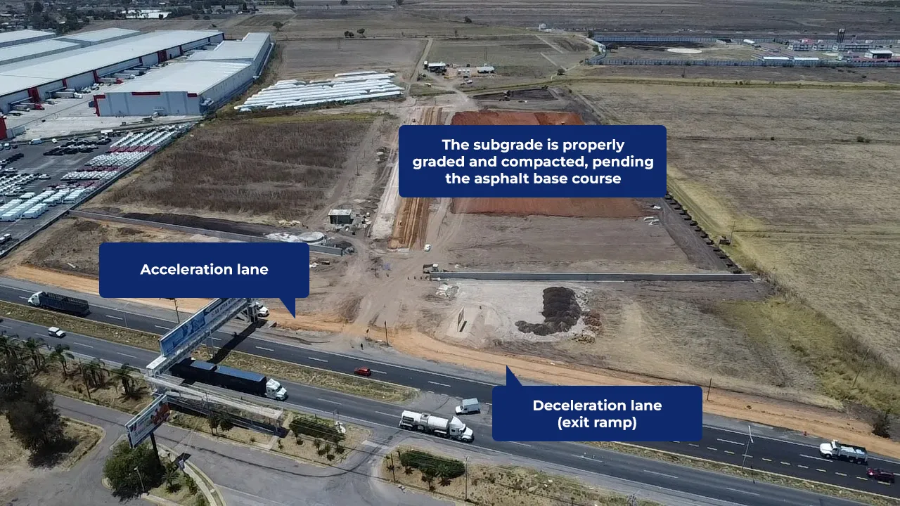 The subgrade is properly graded and compacted, pending the asphalt base course - Acceleration lane - Deceleration lane (exit ramp)